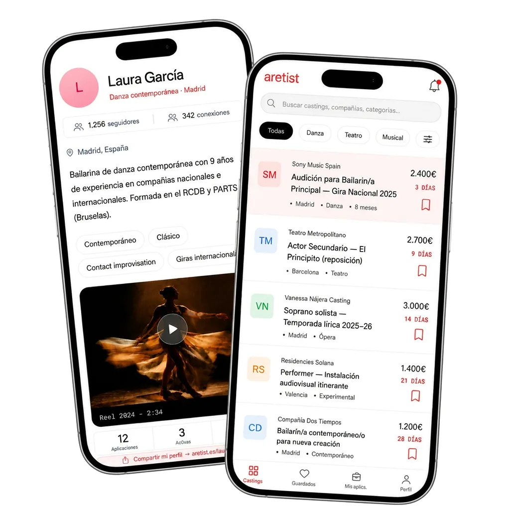 Mockup de la app Aretist con perfil de artista y feed de oportunidades